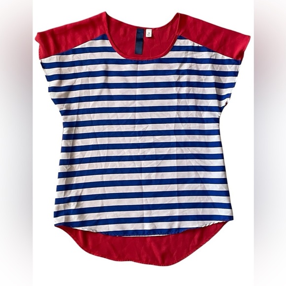 Blue Rain Tops - Women’s blouse Blue & White Striped Nautical Top with Red colorblock size medium